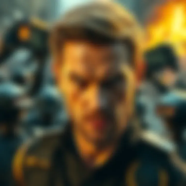 Hank showing a fierce expression during an android uprising, with androids clashing in the background.