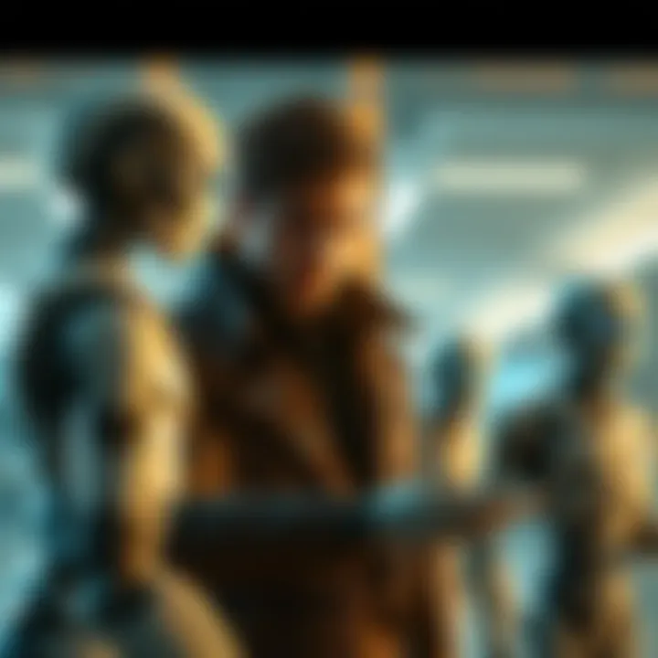 Hank interacts with androids, showcasing his growth and empathy in a challenging world.