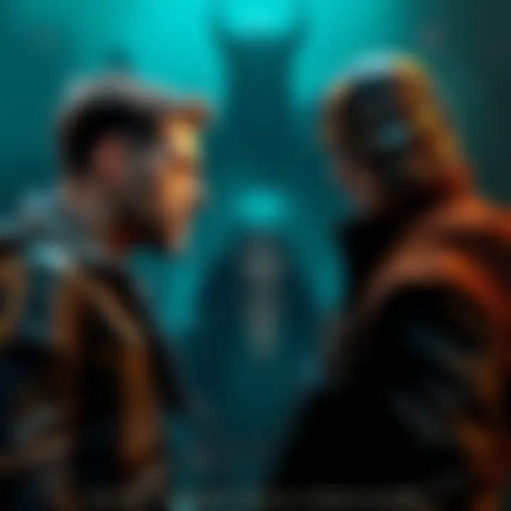 Hank stands face to face with Connor, tension visible on their faces, while a shadowy figure of Lurther and Alice looms in the background.