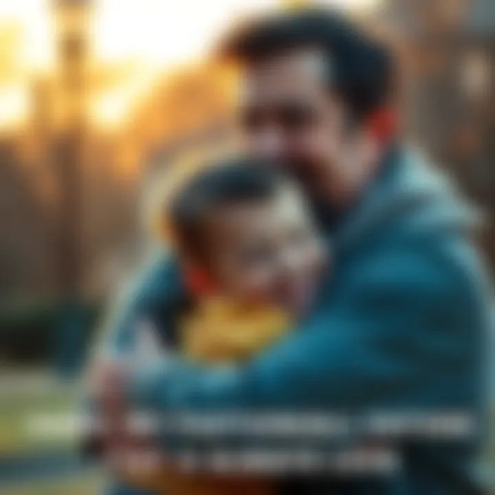 A warm scene of Hank, a kind fictional father figure, hugging a child with a loving smile, showing the bond between them.
