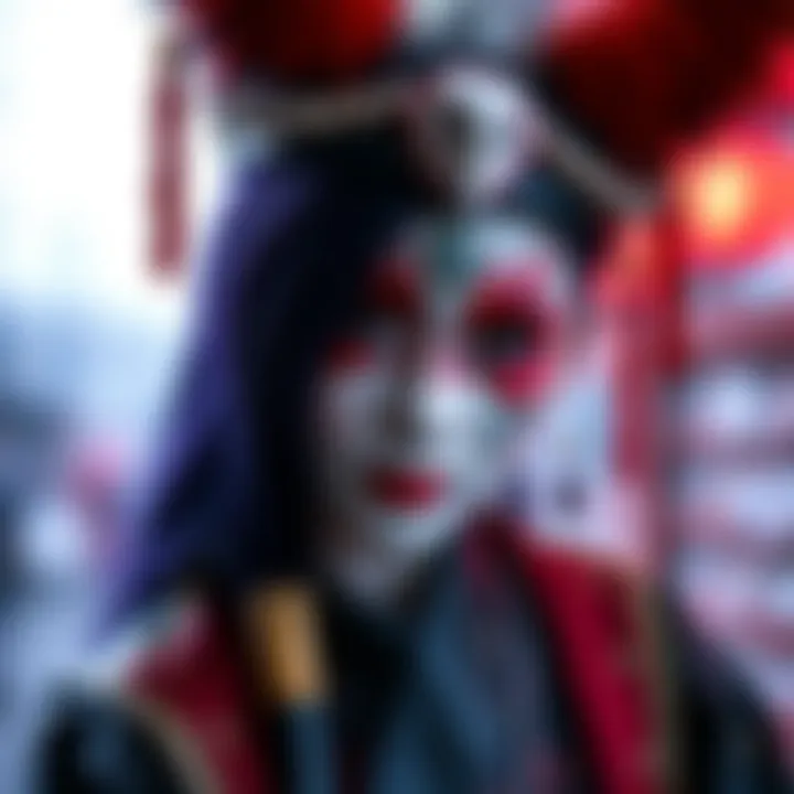 A person dressed as Hannya, showcasing traditional makeup and costume details, highlighting the mask and attire.