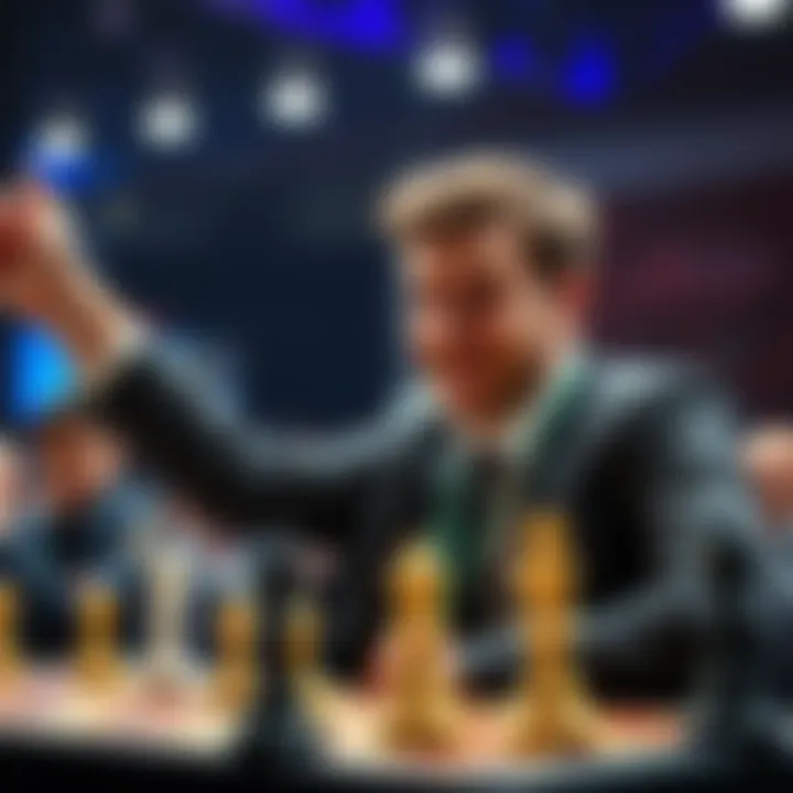 Hans Niemann celebrating his victory after reaching the finals, with Magnus Carlsen in the background looking on.