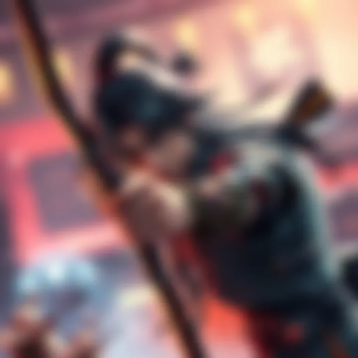 Hanzo, a character with long hair, focusing on his bow to shoot an arrow, surrounded by a vibrant gaming environment.