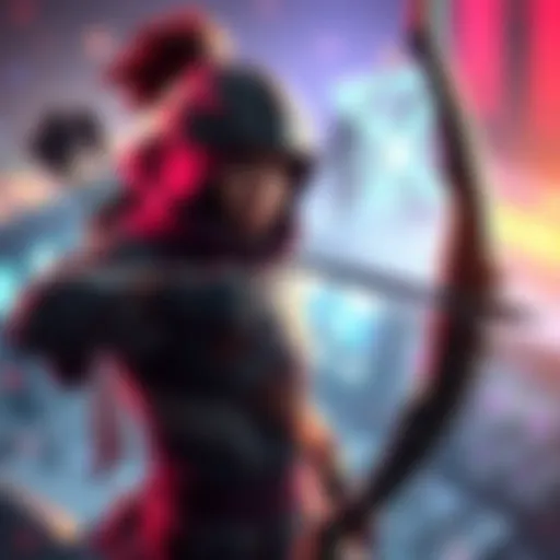 Hanzo, an archer character with a bow and arrows, ready to shoot in a vibrant gaming setting