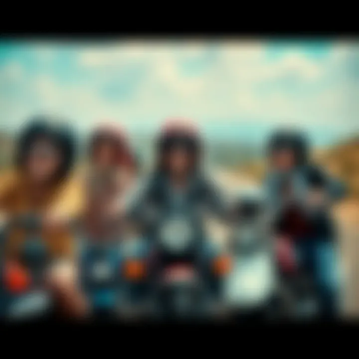 A group of cheerful bikers wearing casual clothes and helmets, laughing together on a scenic road, showcasing their fun-loving spirit