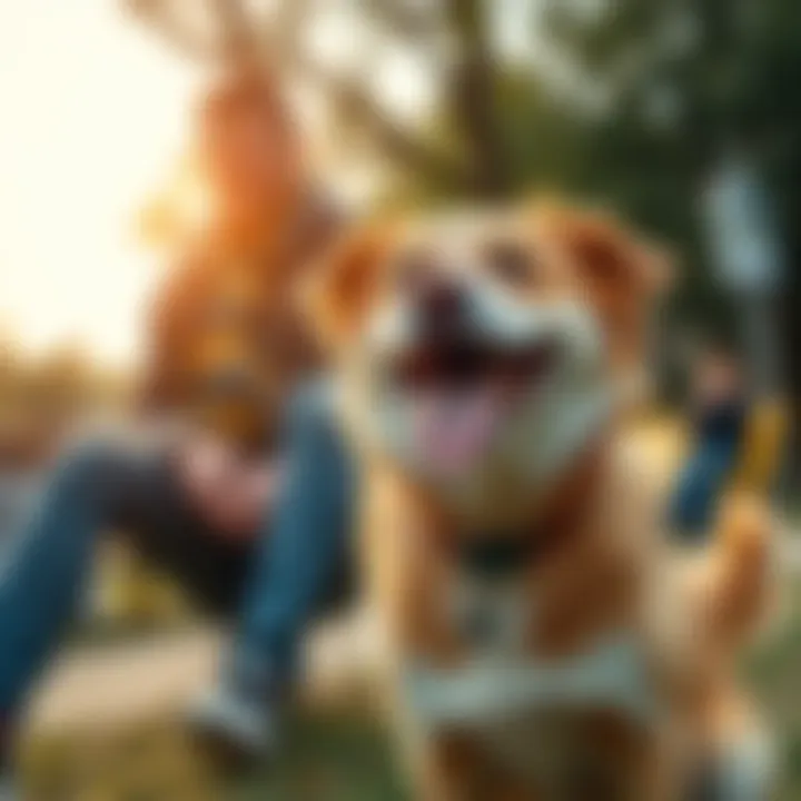 A cheerful dog and its owner enjoying a playful moment together in a park