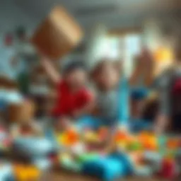 Two kids joyfully playing in a messy living room, showing their energetic spirit and playful nature.