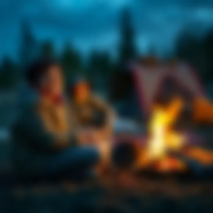 A joyful camper sitting by a campfire, enjoying the evening after a surprising encounter with a rat.