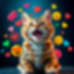 A joyful cat surrounded by symbols representing various emotions, like happiness and love, highlighting its new emotional understanding.