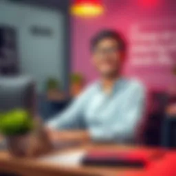 A cheerful worker sitting at a desk with a smile, surrounded by motivational quotes and a plant, radiating positivity.