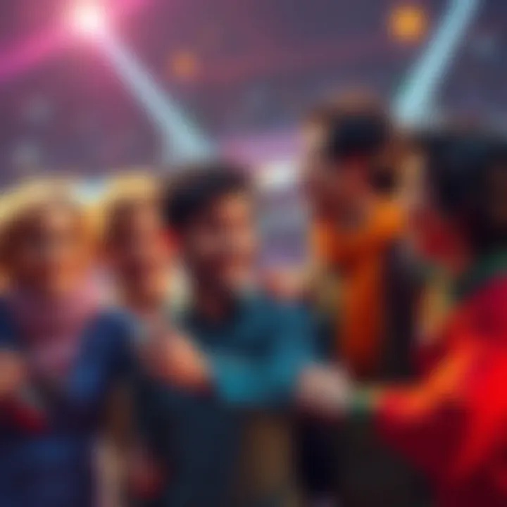 A happy ending scene from a movie A group of characters celebrating after a successful adventure, smiling and embracing each other, conveying joy and satisfaction in their storytelling journey.