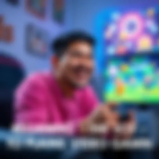 A person smiling while playing video games with a game controller in hand, surrounded by playful game art on the screen.