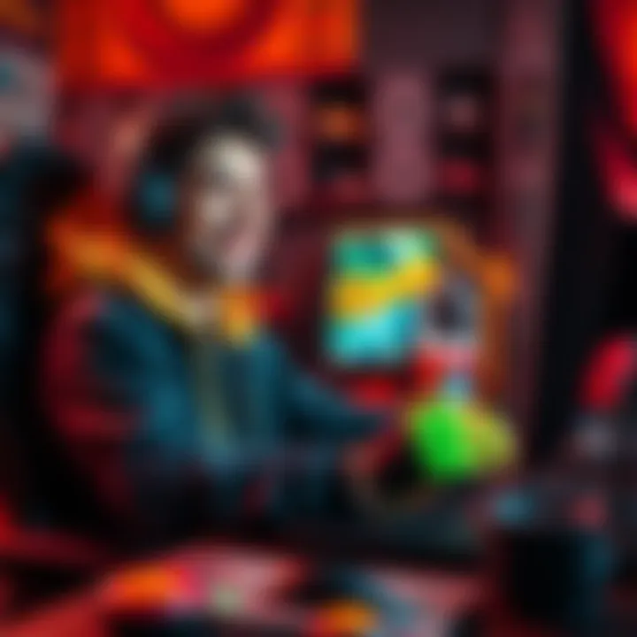 Happy gamer enjoying grinding A gamer smiling while playing a video game, surrounded by gaming gear and snacks, showcasing an enjoyable grinding session