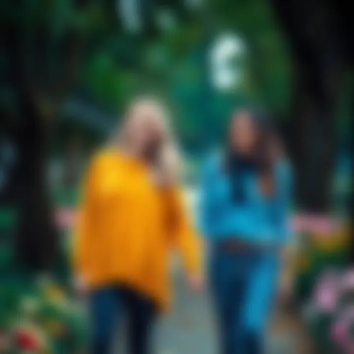 Two women holding hands and smiling in a park, surrounded by flowers, showcasing their love and connection