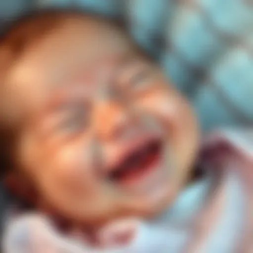 A close-up of a smiling newborn baby, showcasing its soft features and gentle skin, evoking feelings of innocence and joy.