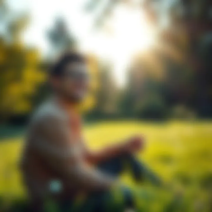 A person smiling while sitting on grass in a park, surrounded by trees and sunlight, representing well-being and happiness