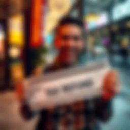 A person smiling while holding a check labeled 'tax refund', excited about spending it wisely.