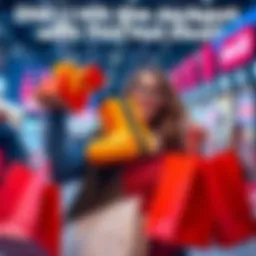 A happy shopper holding a popular product they quickly bought online, surrounded by shopping bags.