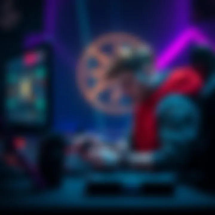 A hard support player in a gaming setup, focused on camp management with a laptop and game controller, showing determination to reach high MMR.