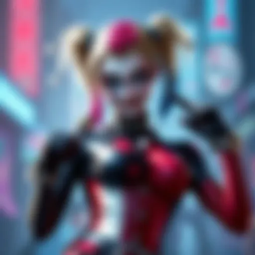 Harley Quinn character design in Gotham Knights, showcasing her colorful outfit and playful attitude