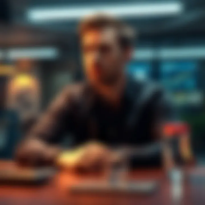 A thoughtful man named Harold is considering his life choices with a serious expression while sitting at a table.