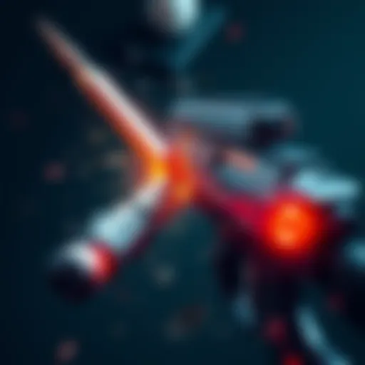 A titanium harpoon piercing through a futuristic firearm, showing damage and impact.