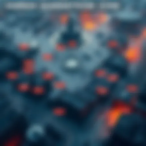 Aerial view of Harran showing the quarantine zone boundaries, with military presence and sections marked off, contrasting orderly areas with chaos in the streets below.