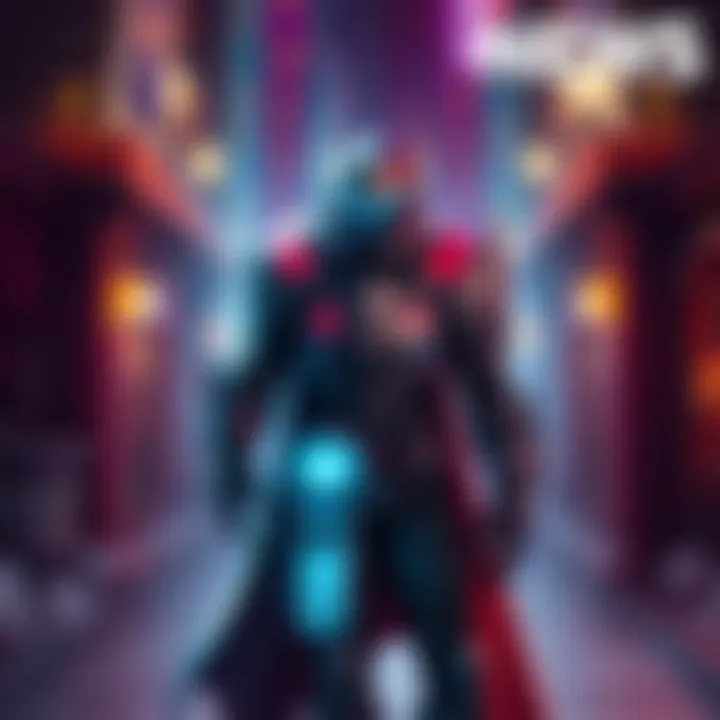 Harrow stands confidently in a vibrant game setting, showcasing his striking appearance with detailed armor and glowing elements.