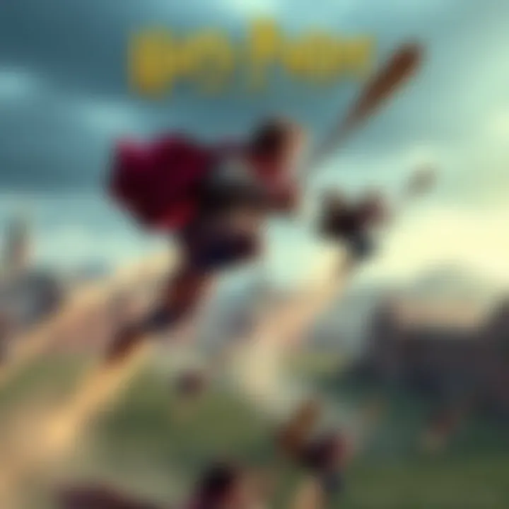 A screenshot of Harry Potter: Quidditch Champions gameplay showing players flying on broomsticks in a Quidditch match.