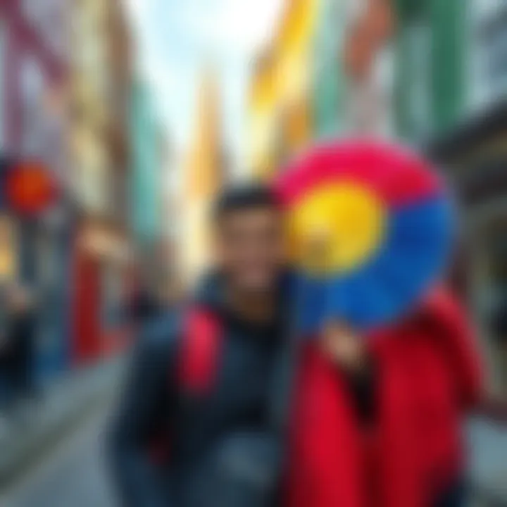 Hasan poses for a photo with a Kaya fan on a colorful street in Ireland, capturing a joyful travel moment.