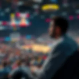 Hasan Piker looking frustrated in his seat during the NBA Finals, showing a poor view of the court and the crowd around him.