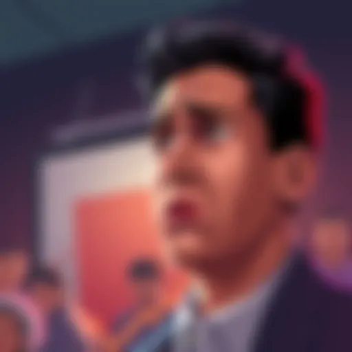 Illustration of a person looking worried as public opinion shifts, with graphs showing declining support in the background