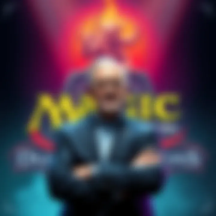 Hasbro's CEO stands in front of Magic: The Gathering and Dungeons & Dragons logos, symbolizing new leadership over these franchises.