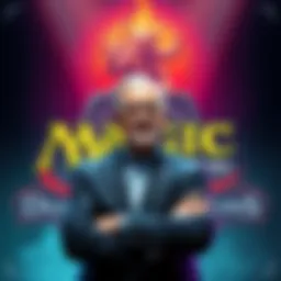 Hasbro CEO with Magic and D&D Icons Hasbro's CEO stands in front of Magic: The Gathering and Dungeons & Dragons logos, symbolizing new leadership over these franchises.