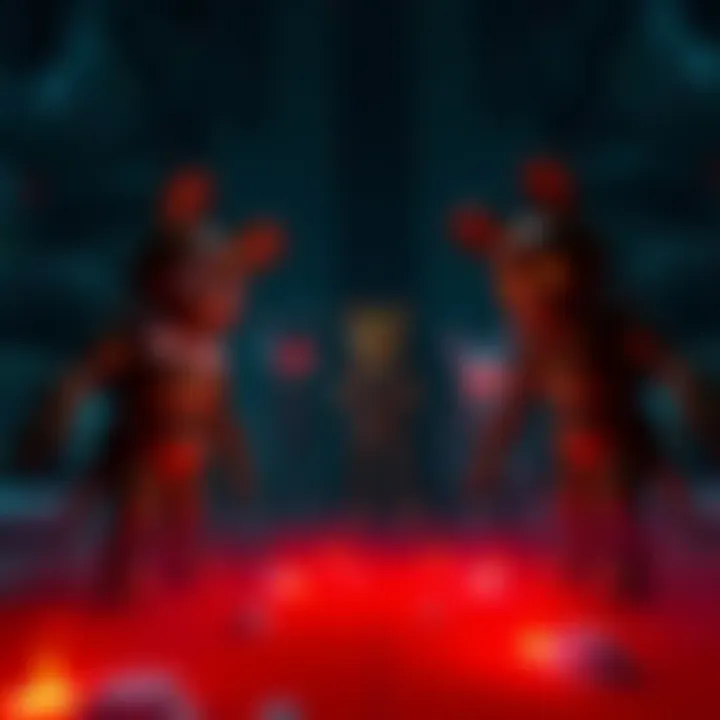 Pixel art scene showing haunted animatronics in a dark environment, conveying a sense of despair and quest for freedom.