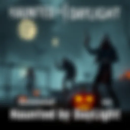 A spooky scene featuring characters from Haunted by Daylight in a dark misty environment, showing key updates and gameplay changes, with pumpkins and eerie elements in the background.
