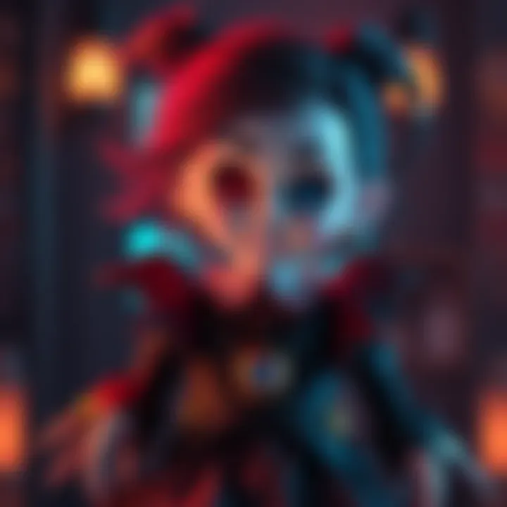 A digital artwork of a haunted doll character in a gaming setting, showcasing a spooky design with eerie features, making it appealing for gamers seeking the skin code.