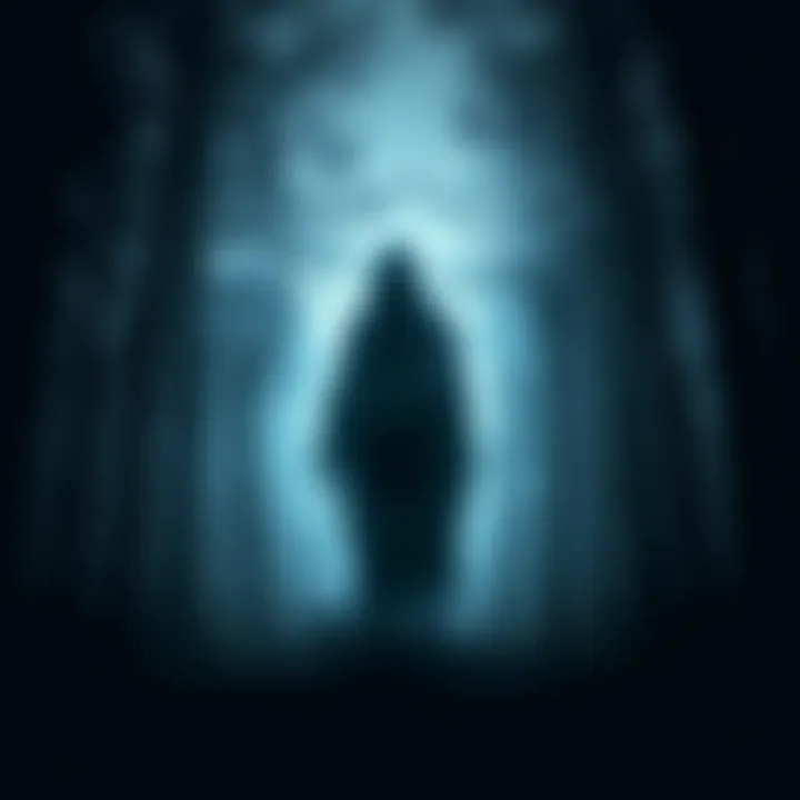 A ghostly spirit emanating a dark aura, standing in a misty forest, symbolizing vengeance and waiting for 16 years