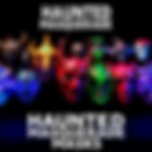 A collection of colorful hero masks from the Haunted Masquerade, arranged on a dark background, showcasing their unique designs and symbols for different roles.
