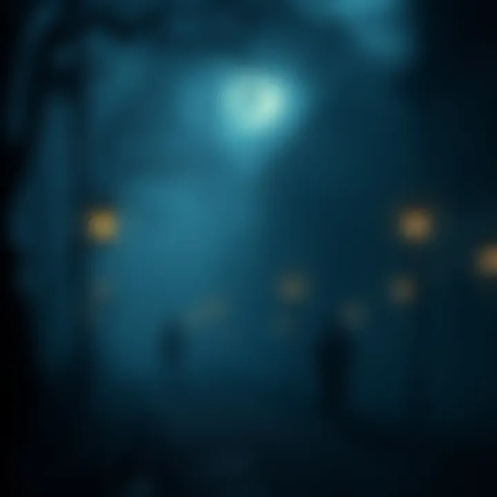 A dark and eerie street in the 1920s with fog, vintage lampposts, and shadowy figures appearing in the background, creating a spooky atmosphere.
