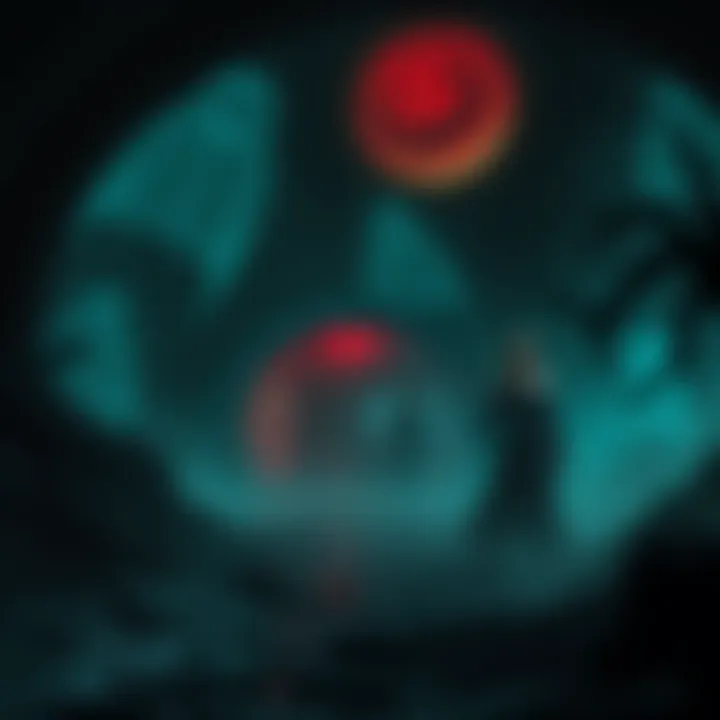 A dark, eerie environment with ghostly figures and unsettling visuals, creating a spooky atmosphere.