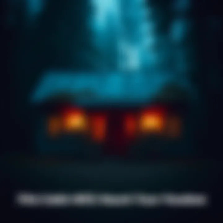 A chilling cabin with dark wood and eerie lighting, surrounded by tall trees, evokes a sense of fear and fascination.