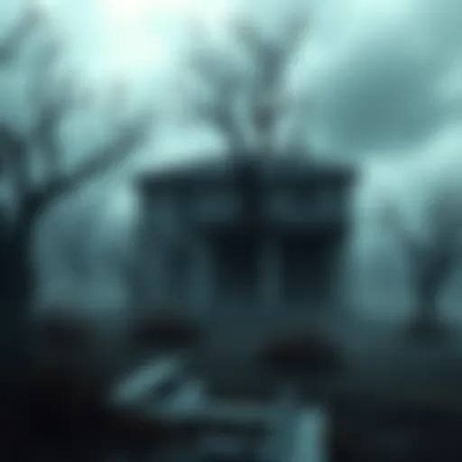 A foggy, eerie landscape with a dilapidated building and twisted trees, reflecting the unsettling atmosphere of Silent Hill.