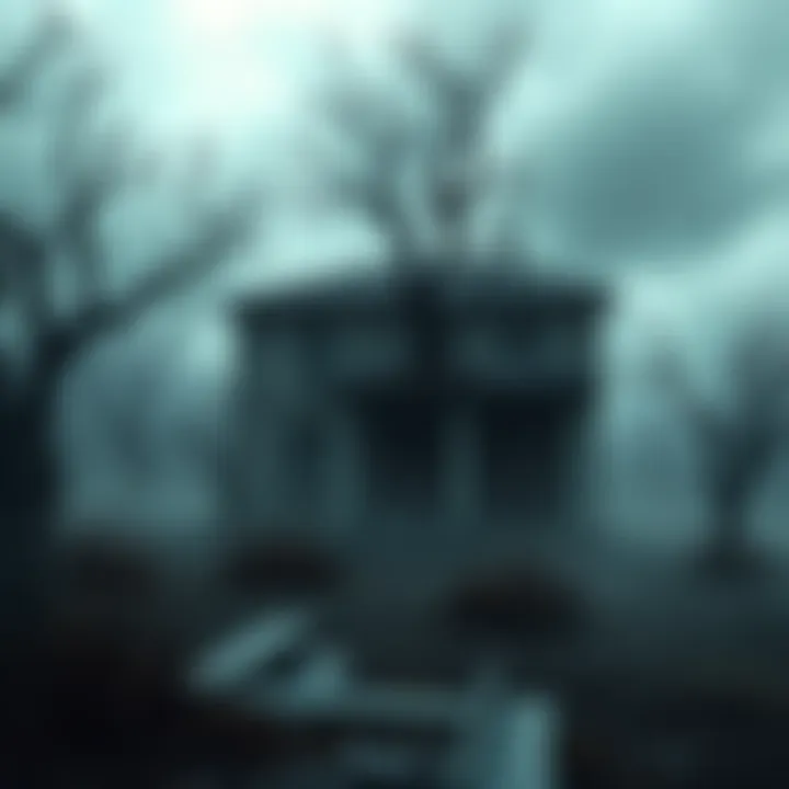 Haunting Scene Inspired by Silent Hill A foggy, eerie landscape with a dilapidated building and twisted trees, reflecting the unsettling atmosphere of Silent Hill.