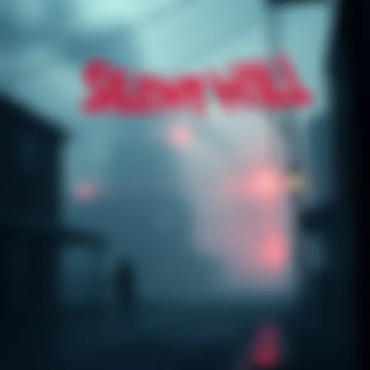 A foggy street in Silent Hill with eerie buildings and a shadowy figure in the distance