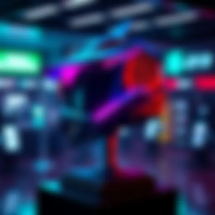 A limited edition Hayabusa Helmet designed for gamers, featuring a sleek design and vibrant colors, showcased on a display stand.