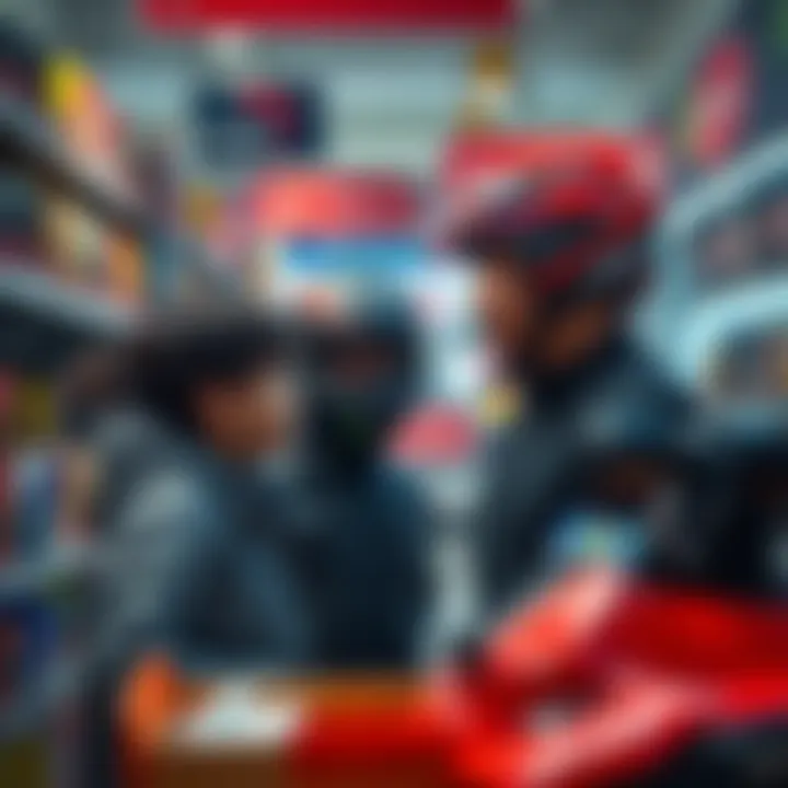 A parent and child looking at a Hayabusa helmet in a store, discussing the purchase while a cashier looks on.