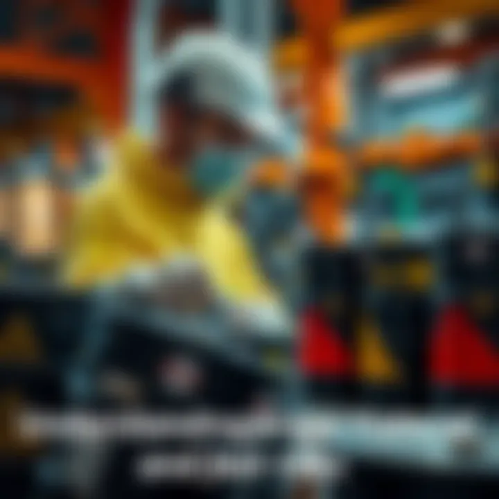 A worker in protective gear examines barrels labeled with hazardous material symbols in an industrial setting.