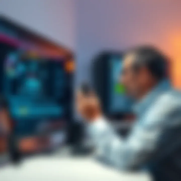 A person checking HDMI connections on a TV and computer setup, looking for solutions to connection issues.