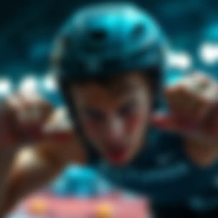 Person experiencing head-on impact A person bracing for a head-on impact in a sports context, showing intense focus and determination